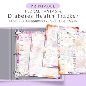Floral Fantasia Diabetes Tracker, Meal Planner, Grocery List, and Note Pages. Hyperglycemic Portrait Printable Glucose Blood Sugar Tracker