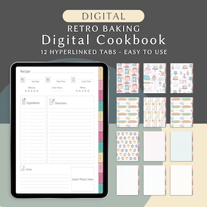 Retro Baking Foodie Treasury per Goodnotes, libro di ricette digitale con schede di ricette, raccoglitore culinario, modello di diario di libro di cucina digitale