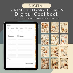 Vintage Culinary Delights Libro de cocina digital para Goodnotes, Libro de recetas con tarjetas de recetas, Carpeta culinaria, Diario de plantillas de recetas de libros de cocina