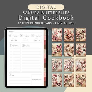 Libro di cucina digitale Sakura Butterflies, tesoro gastronomico con schede di ricette, raccoglitore di ricette, modello di libro di cucina digitale con modello di scheda di ricetta