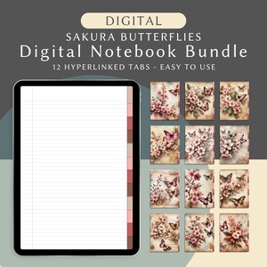 May include: A digital notebook bundle with 12 hyperlinked tabs featuring a floral design with pink cherry blossoms and butterflies. The notebook is displayed on a tablet screen with a white background and lined paper.