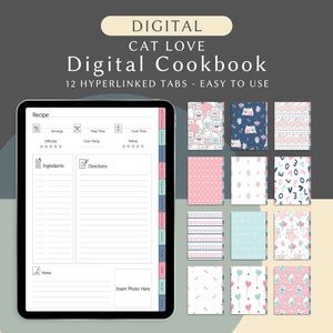 Cat Love Foodie Treasury Libro di cucina digitale per GoodNotes, libro di ricette con schede di ricette, raccoglitore culinario, modello di diario di ricette per libro di cucina