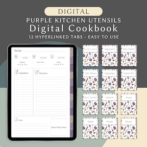 Libro di cucina digitale con utensili da cucina viola per Goodnotes, libro di ricette digitale con schede di ricette, raccoglitore di ricette, modello di scheda di ricetta digitale