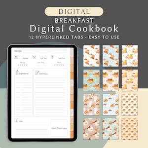 Libro di ricette digitale Breakfast Foodie Treasury per Goodnotes, libro di ricette con schede di ricette, raccoglitore culinario, modello di diario di ricette per libri di cucina