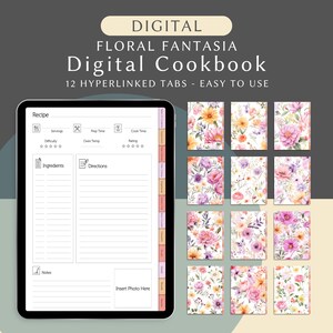 Libro di cucina digitale Floral Fantasia Foodie Treasury per GoodNotes, carte di ricette per libri di ricette, raccoglitore culinario, modello di diario di ricette per libri di cucina