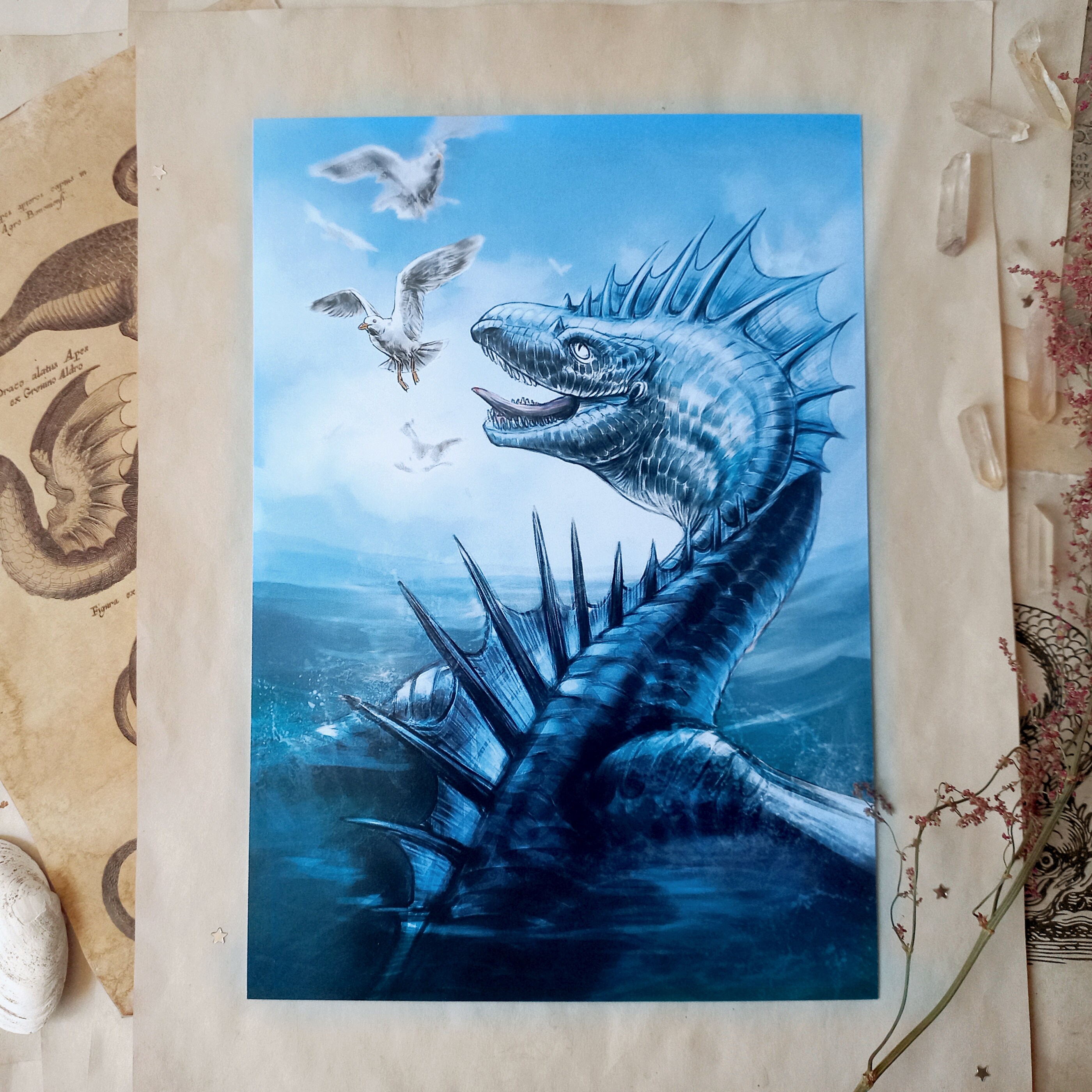 Water Dragon and the Seagulls Art Print - Blue Dragon Artwork
