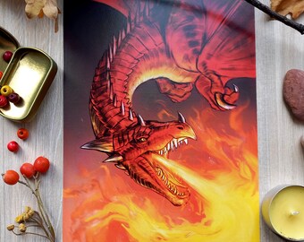 Red dragon art print, fire breathing dragon, flying lava dragon, dragon lover gifts, red dragon images, fantasy illustration, creature art