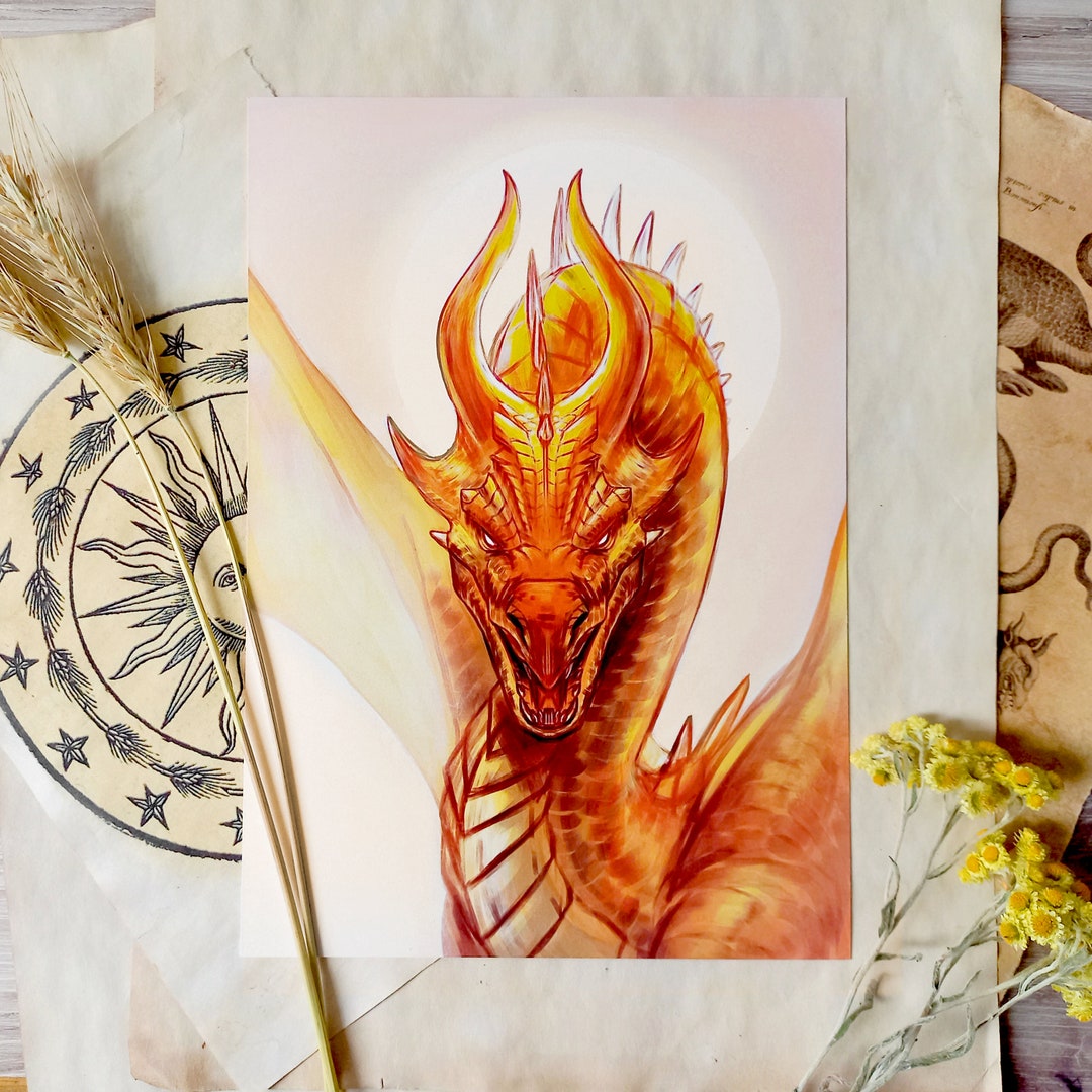 Orange Sun Dragon Art Print - Mystical Wall Decor, Fantasy Dragon