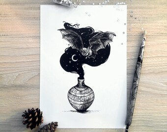 Bat art print for desk or wall decoration, black and white vampire bat drawing with a vase, bat theme gift, surreal inktober artwork