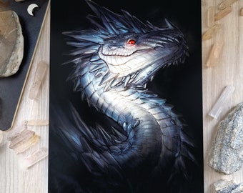 Ice dragon art print, fantasy illustration, blue dragon head, crystal dragon, dungeon and dragon gift, christmas gift for dragon lovers