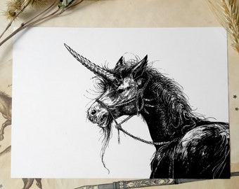 Dragon Unicorn Art Print - Dark Unicorn Decor - Halloween Horse Drawing - Gothic Unicorn Witchcore - Kelpie Fantasy Horse - Inktober Art