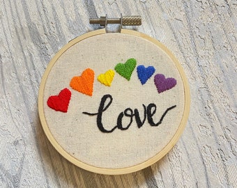 Rainbow hearts embroidery wall art decor, valentines embroidery gift,