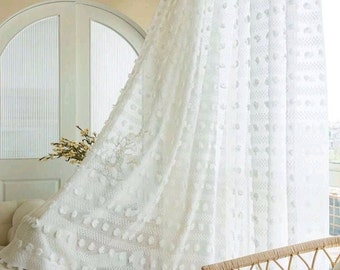Cotton white tufted curtain panel pom poms creamy white textured sheer screen Boho country cottage style door curtain window fly screen