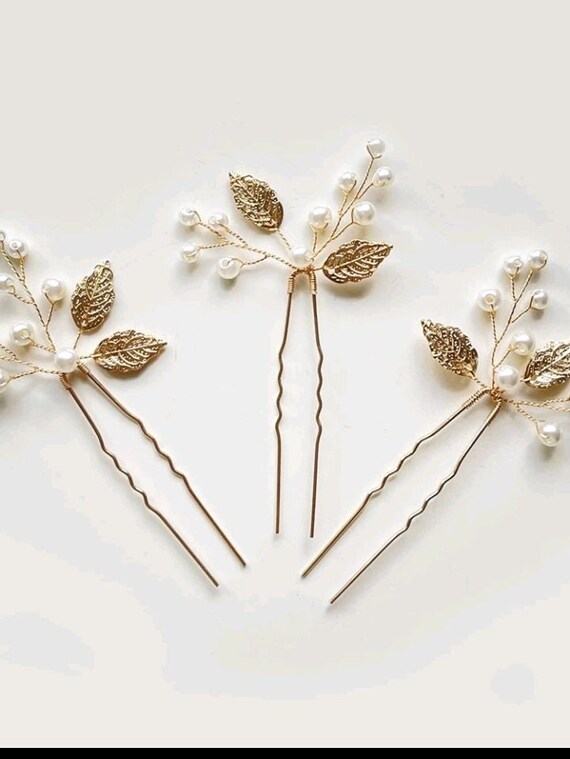 Bridal gold hair pins 3pcs pearls bride prom bridesmaids