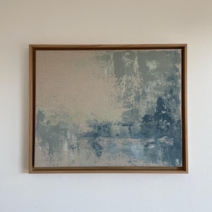Abstract acrylic painting on natural canvas, 40 x 50 cm, structure in blue and sage tones