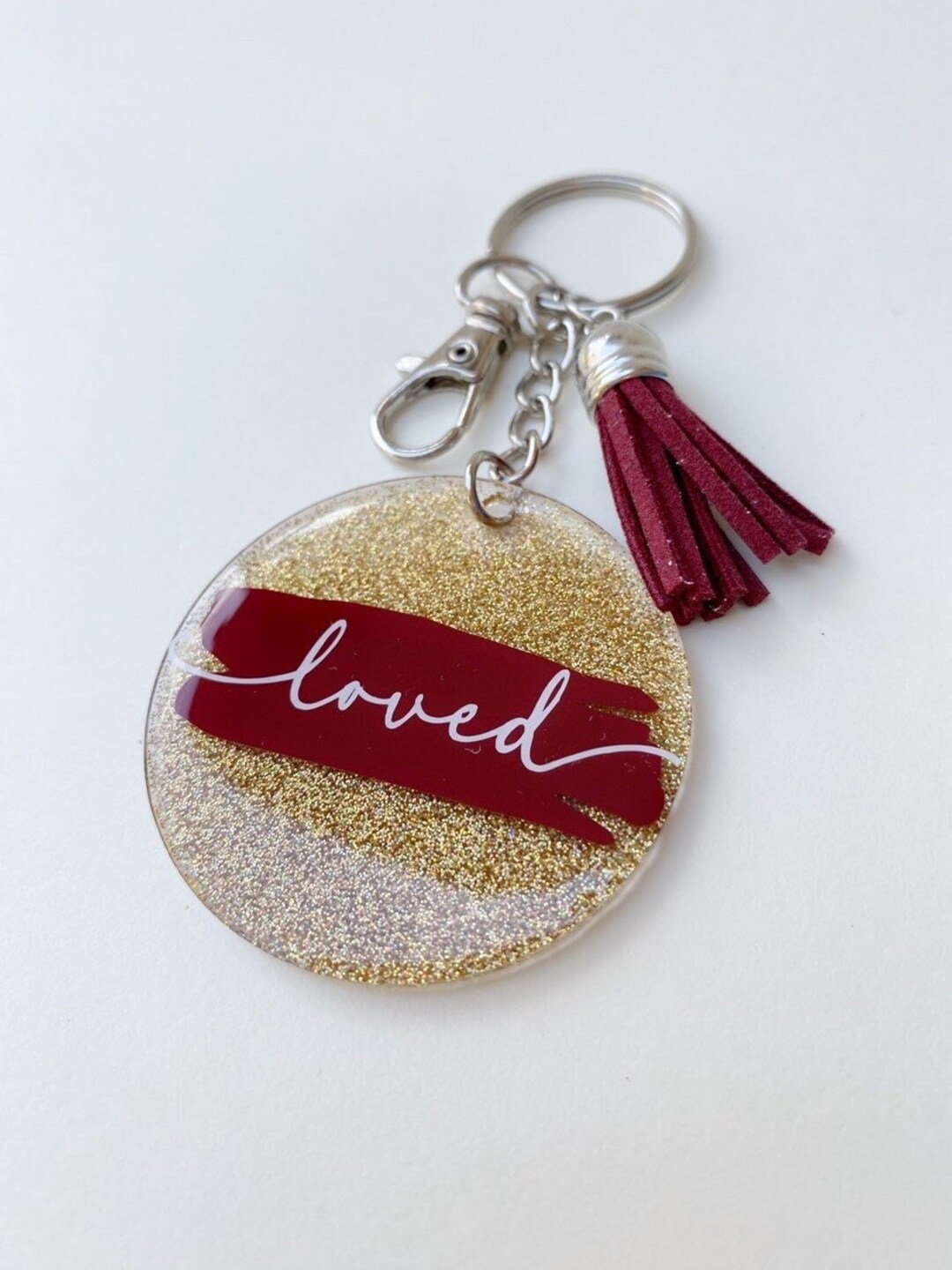 Loved Glitter Acrylic Keychain Glitter Resin Keychain Bogg Etsy