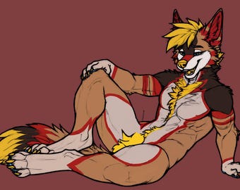May include: A stylized illustration of a furry character in a relaxed pose. The character has brown, tan, and red fur with yellow accents. The character is lying down with one leg bent and the other extended.
