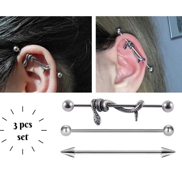 SET/LOT of 3 Industrial Barbell  Cartilage Piercing Jewelry, Surgical Steel Scaffold Piercing