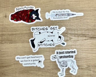May include: Five humorous stickers featuring cats and dogs. The stickers are printed on white backgrounds with black outlines. The stickers feature the following text: "Spicy Purrito", "He is due for his Portobello shot", "Bitches get stitches", "It just started yesterday", and "She can't get heartworm we live in a gated community".