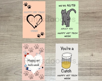 May include: Four greeting cards with veterinary-themed designs. One card has a heart-shaped stethoscope, another a cat with the text "We're Nuts About You", a third with medical tools, and the last with a urine sample jar.