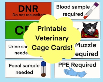 Veterinärkäfigkarten druckbare, digitale Download-Tierärztekäfigkarten, Sicherheitskarten für Tierärzte, Alarmkarten für Veterinärmediziner, medizinische und Verhaltenshinweise