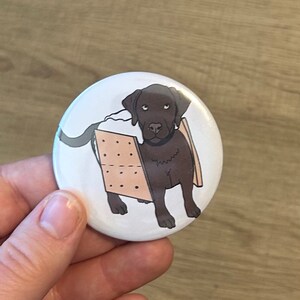 May include: A white button with a brown dog wearing a graham cracker costume. The dog is looking to the left with a serious expression.