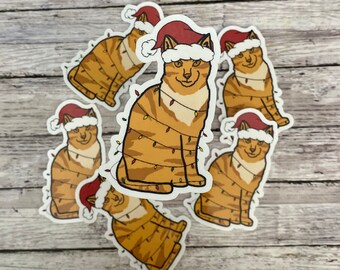 Cat Christmas sticker, lights cat sticker, journal sticker, waterproof sticker, water bottle sticker, laptop sticker, cat Christmas gift