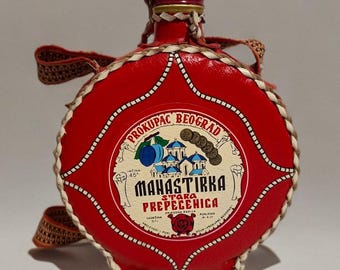 Vintage Manastirka Bottle | Leather Wrapped Serbian Rakija Flask