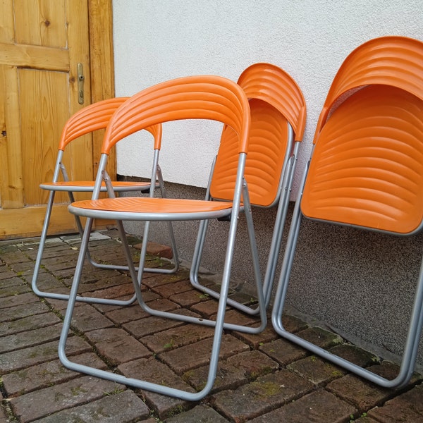 Set of 2 Space Age Folding chairs by Studio GP Italy 1980s, orange plastic balcony chairs with metal frame