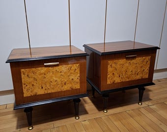 Mid-Century Modern Nightstands Pair – Brass Handles, Burl Veneer – Vintage Yugoslavia Furniture