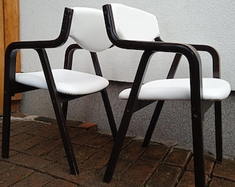 Mid-Century Modern Stackable Armchair: Reupholstered Faux Leather, Dark Brown Wood