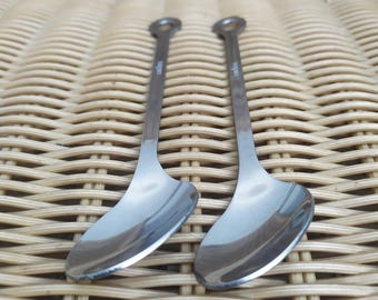 以下が含まれることがあります： 丸みを帯びたボウルと細長い柄が付いた、ステンレス製のサービングスプーン2本。スプーンは光沢のある反射面で、柄の端に小さな円形のディテールがあります。スプーンはおそらく食べ物を出すためのものです。