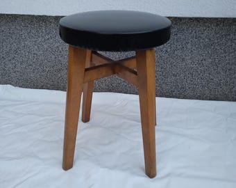 Mid Century Black Leatherette Wood Stool: Entryway Accent