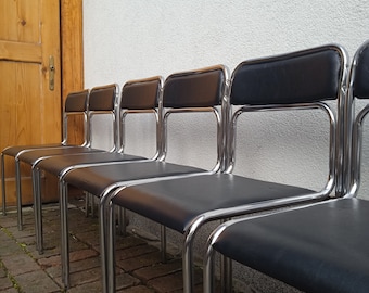 Set of 4 Bauhaus Design Chrome Tubular Steel and Black Faux Leather Dining Chairs, 1990s Vintage Modernist Stackable Dining Chairs