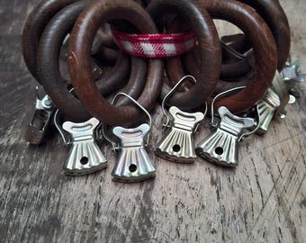 Vintage Wood Curtain Rings with Silver Metal Clips (Set of 12)