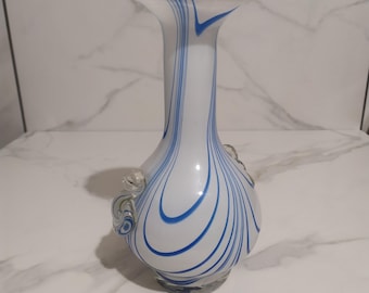 Hand-Blown Murano Style Art Glass Vase: Blue & White Swirl, 21cm