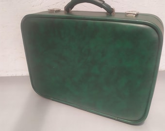 1960s Green Leather Suitcase: Mid-Century Modern Carry-On Travel Bag