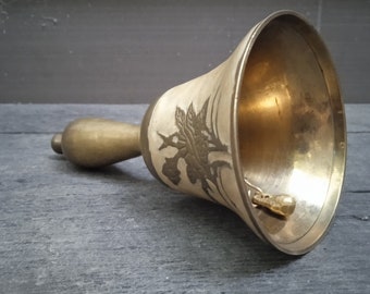 Antique Brass Hand Bell: Vintage Floral Design Table Bell