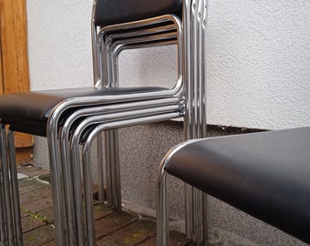 Bauhaus Design Chrome Tubular Steel and Black Faux Leather Dining Chairs, 1990s Vintage Modernist Stackable Dining Chairs