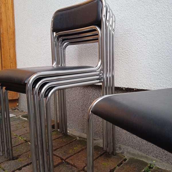 Bauhaus Design Chrome Tubular Steel and Black Faux Leather Dining Chairs, 1990s Vintage Modernist Stackable Dining Chairs