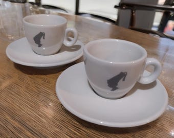 Tazzine da caffè espresso bianche Julius Meinl con piattini – Logo grigio – Set di tazze da caffè vintage
