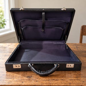May include: An open black briefcase with a textured exterior and a dark purple interior lining. The case features a central handle, two silver-toned metal combination locks on the front, and an internal organizer pocket with a vertical strap.
