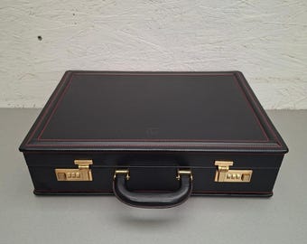 Vintage Black Leather Briefcase – Gold Combination Locks, Red Stitch Detail