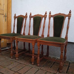 Vintage high back dining chairs, green upholstery, original Yugoslavian design 1982