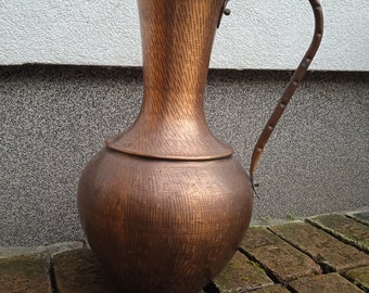 Vintage Hammered Copper Vase: Large Patina Pitcher