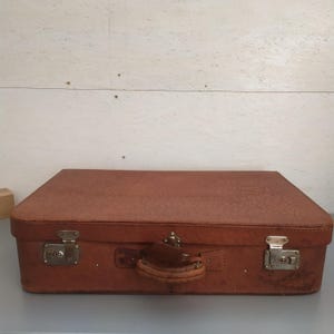 Vintage Leather Suitcase, Large Brown Old Travel Trunk, Retro Luggage, Rustic Decor, Decorative Storage and Prop, Distressed Patina