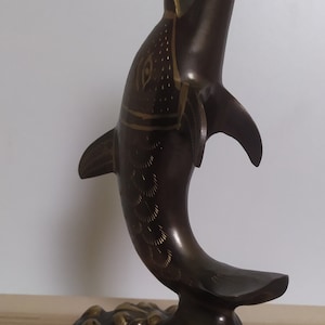 Vintage Bronze Dolphin Statue with Ball, Nautical Home Decor, Dolphin figurine gifts