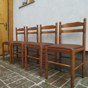 Set of 4 Vintage Wooden Dining Chairs, Country Style Ladder Back Chairs, Rustic Farmhouse Kitchen Seating, Brown Wood Chairs
