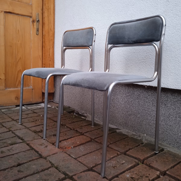 Chaises de salle à manger, acier tubulaire chromé Bauhaus et velours bleu, chaises de design italien vintage des années 80