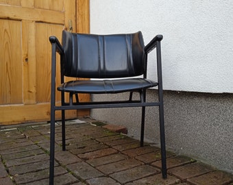 Original black leather iron armchair, mid-century modern design by Florijan Bobic known as Thonet Mundus